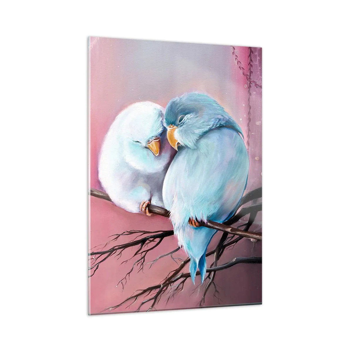Obraz na szkle - Dwie zakochane papużki siedzące na gałęzi na tle różu - 50x70cm - Cóż tu dodać?… - Nowoczesna dekoracja ścienna do salonu, kuchni i sypialni ARTTOR