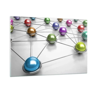 Obraz na szkle - Kolorowe kule połączone liniami na jasnym tle - 120x80cm - Kosmiczna pajęczyna - Nowoczesna dekoracja ścienna do salonu, kuchni i sypialni ARTTOR