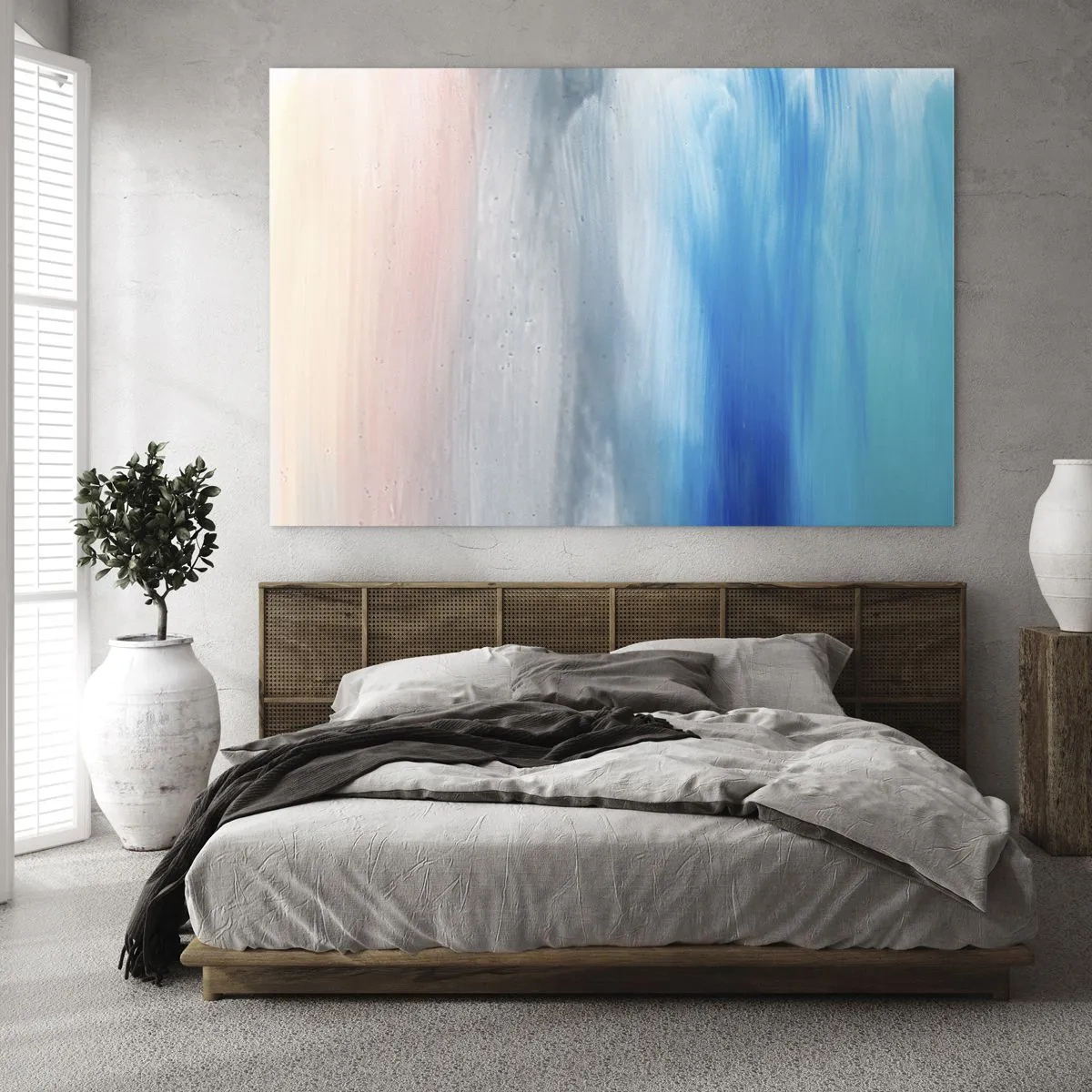Obraz na szkle - Pionowe smugi pastelowych i niebieskich barw w stylu abstrakcyjnym - 70x50cm - Żywioły: powietrze - Nowoczesna dekoracja ścienna do salonu i sypialni ARTTOR