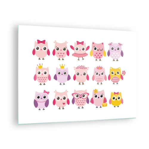Obraz na szkle - Kolorowe sowy w różnych wzorach na białym tle - 70x50cm - Jedna słodsza od drugiej - Nowoczesna dekoracja ścienna do salonu i sypialni ARTTOR