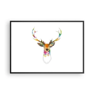 Plakat w czarnej ramie - Kolorowa głowa jelenia w artystycznym stylu - 100x70cm - Łagodny jelonek skąpany w kolorze - Nowoczesna dekoracja ścienna do salonu i sypialni ARTTOR