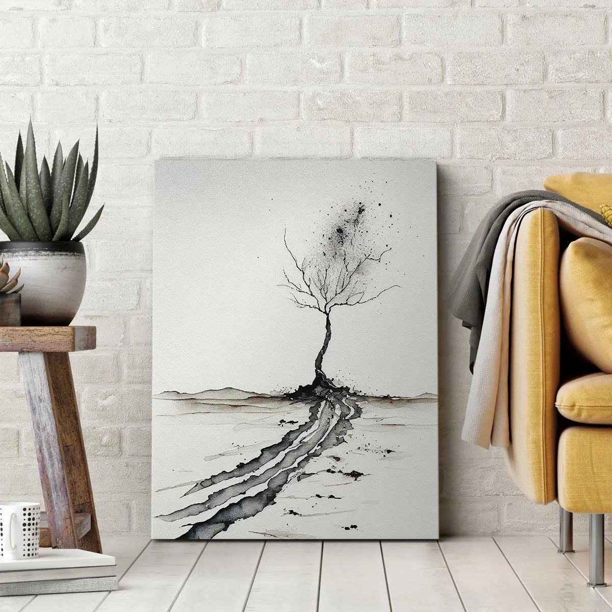 Obraz na płótnie - Czarno-biały obraz samotnego drzewa z popękaną ziemią - 70x100cm - Zimowa melancholia - Nowoczesna dekoracja ścienna do salonu i sypialni ARTTOR