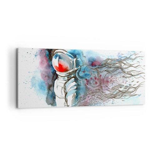 Obraz na płótnie - Kosmonauta w dynamicznej akwareli z kosmicznymi detalami - 120x50cm - Sam na sam z kosmosem - Nowoczesna dekoracja ścienna do salonu i sypialni ARTTOR