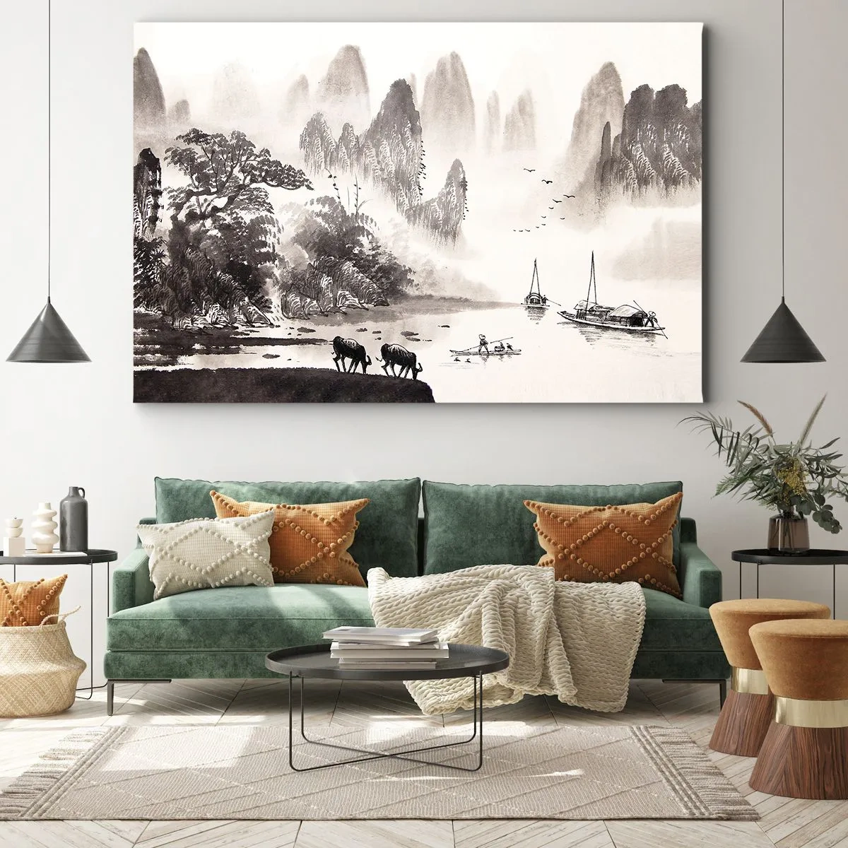 Obraz na płótnie - Malowniczy pejzaż w azjatyckim stylu z mglistymi górami - 70x50cm - Egzotyczna codzienność Wschodu - Nowoczesna dekoracja ścienna do salonu i sypialni ARTTOR