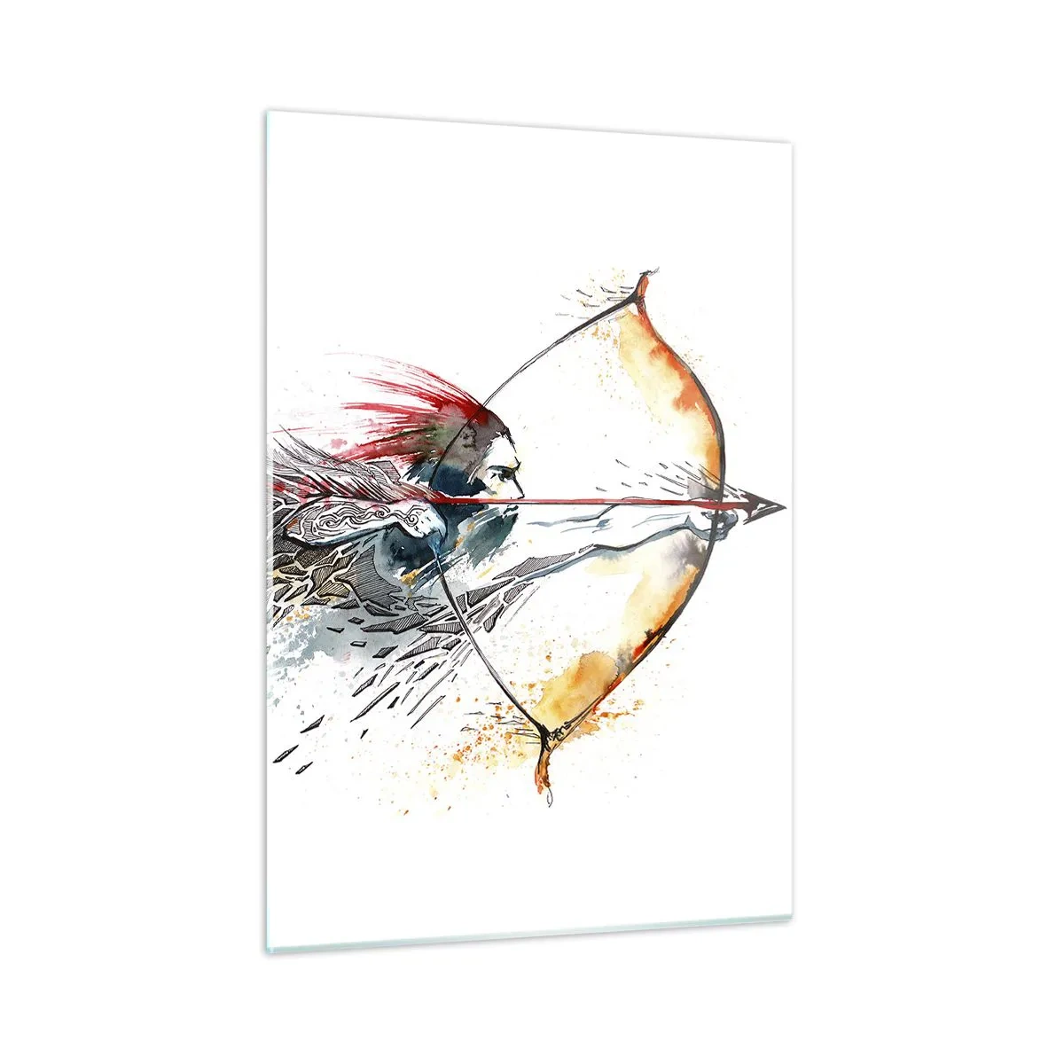 Obraz na szkle - Łucznik w dynamicznej akwarelowej scenerii - 50x70cm - Mityczny wojownik z ognistym łukiem - Nowoczesna dekoracja ścienna do salonu, kuchni i sypialni ARTTOR