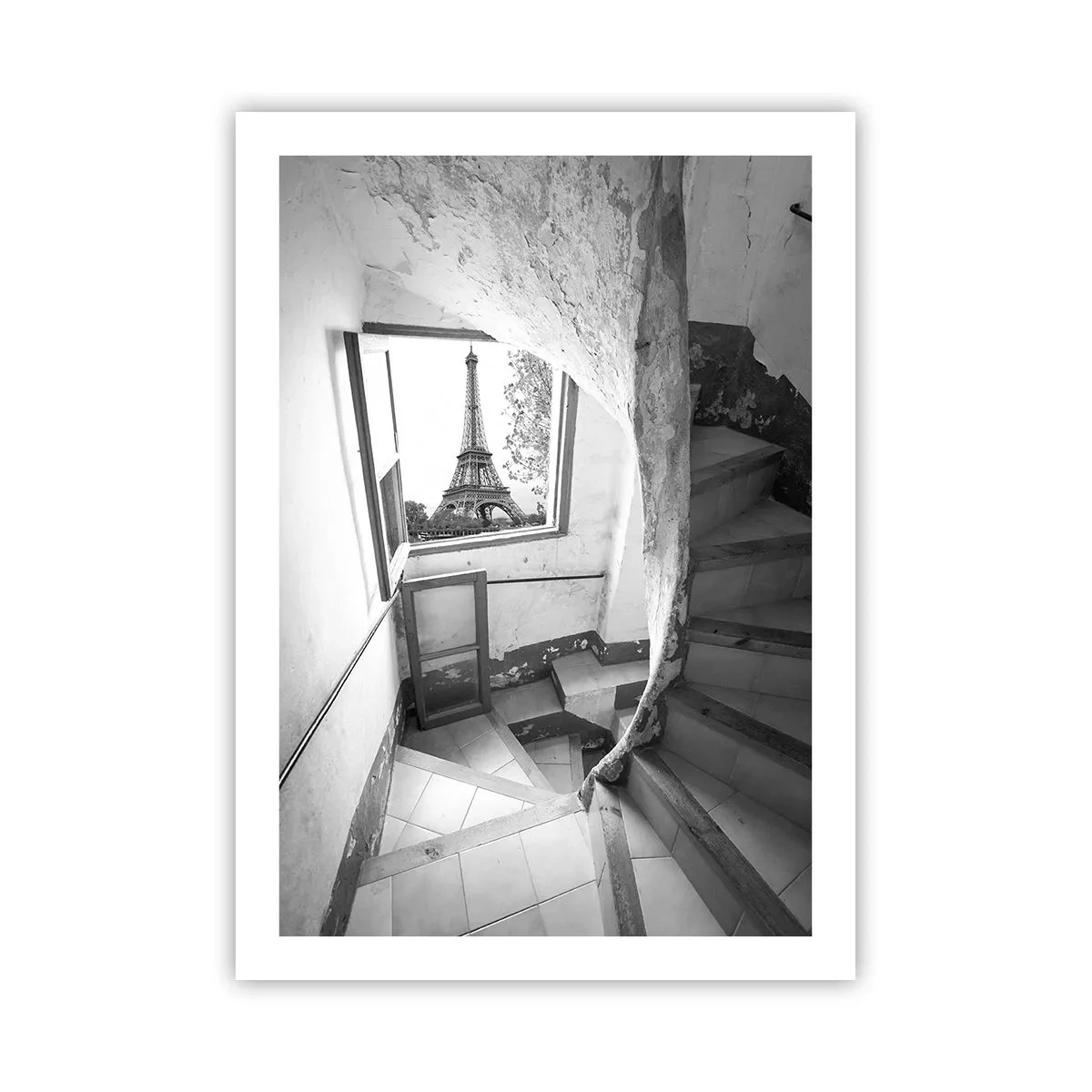Plakat - Widok na Wieżę Eiffla przez okno w starym budynku - 50x70cm - Co za widok! - Nowoczesna dekoracja ścienna do salonu, kuchni i sypialni ARTTOR