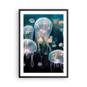 Plakat w czarnej ramie - Subtelne meduzy unoszące się w morskiej toni - 50x70cm - Podwodny bal - Nowoczesna dekoracja ścienna do salonu i sypialni ARTTOR