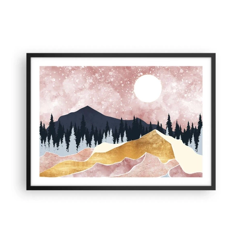 Plakat w czarnej ramie - Kolorowe góry na tle różowego nieba z księżycem - 70x50cm - Nocna straż - Nowoczesna dekoracja ścienna do salonu i sypialni ARTTOR
