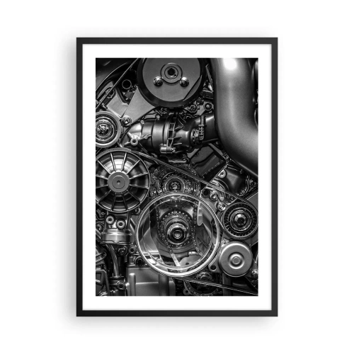 Plakat w czarnej ramie - Detaliczne zbliżenie na mechaniczne elementy silnika w czerni i bieli - 50x70cm - Poezja mechaniki - Nowoczesna dekoracja ścienna do salonu i sypialni ARTTOR