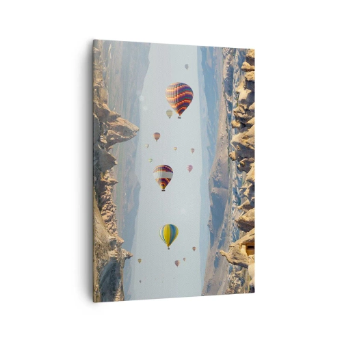 Obraz na płótnie - Kolorowe balony nad skalnym krajobrazem - 70x100cm - Tu wszystko jest możliwe - Nowoczesna dekoracja ścienna do salonu i sypialni ARTTOR
