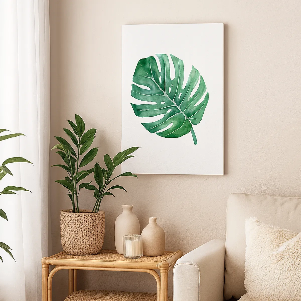 Obraz na płótnie - Akwarelowa ilustracja liścia monstery na białym tle - 50x70cm - Zielony koncept - Nowoczesna dekoracja ścienna do salonu, kuchni i sypialni ARTTOR