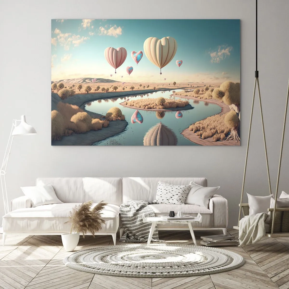 Obraz na szkle - Balony w kształcie serc nad bajkowym krajobrazem z rzeką - 70x50cm - Miłość pozwala wznieść się - Nowoczesna dekoracja ścienna do salonu i sypialni ARTTOR