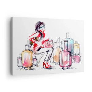 Obraz na płótnie - Kobieta z walizkami w dynamicznej akwarelowej ilustracji - 70x50cm - Siądźmy przed podróżą - Nowoczesna dekoracja ścienna do salonu i sypialni ARTTOR