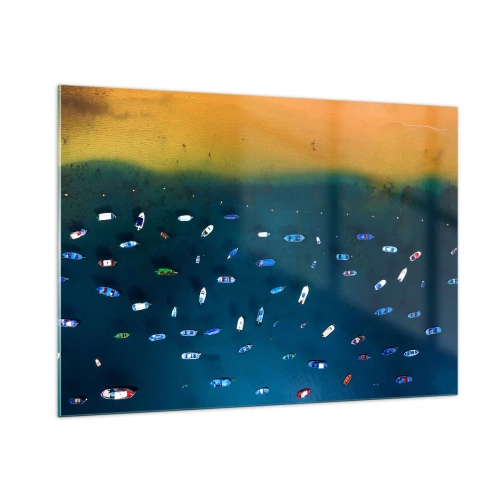 Obraz na szkle - Łodzie na tle turkusowej wody i złotego brzegu - 100x70cm - Wakacyjna gra - Nowoczesna dekoracja ścienna do salonu, kuchni i sypialni ARTTOR