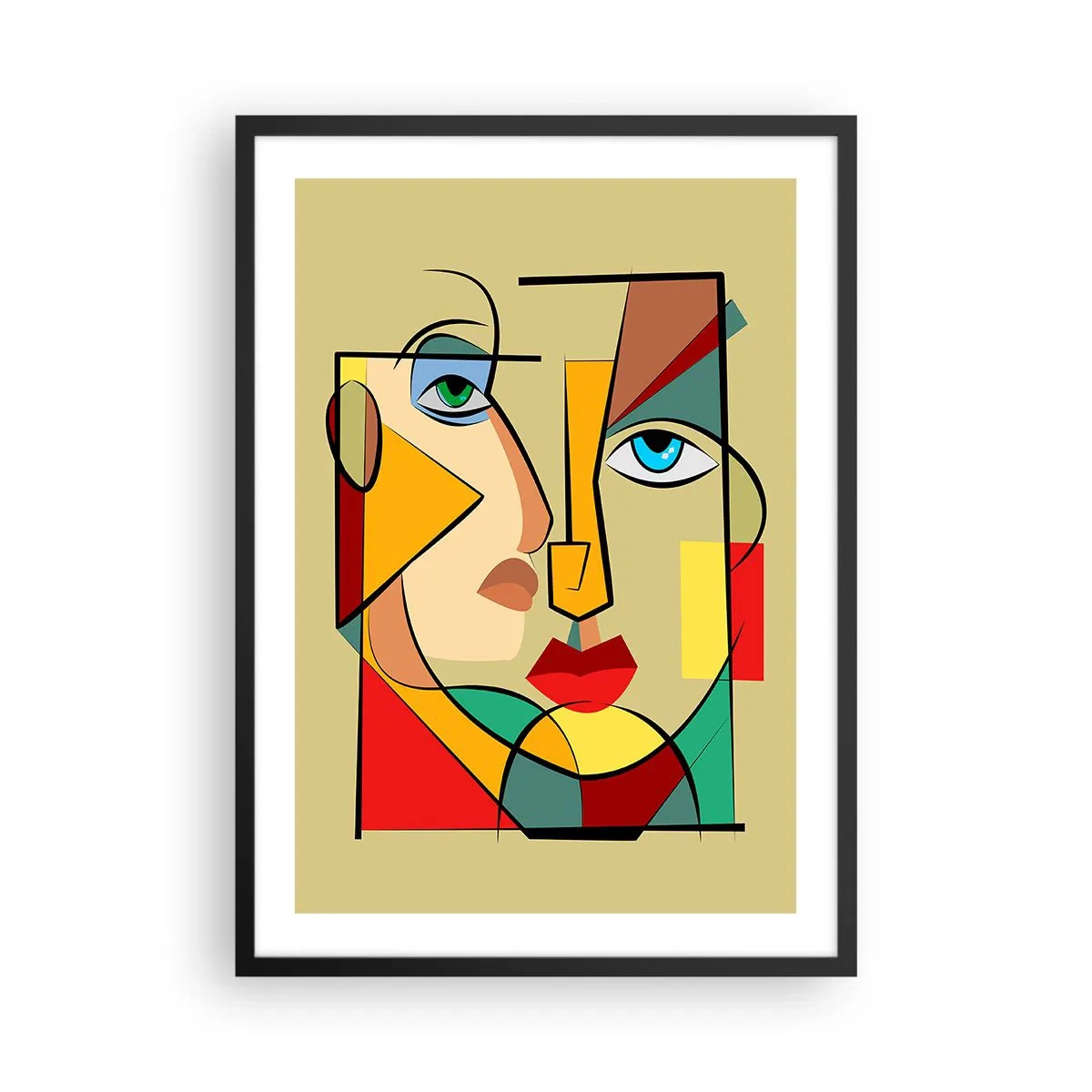 Plakat w czarnej ramie - Kubistyczny portret w intensywnych kolorach - 50x70cm - Dobrana para - Nowoczesna dekoracja ścienna do salonu i sypialni ARTTOR