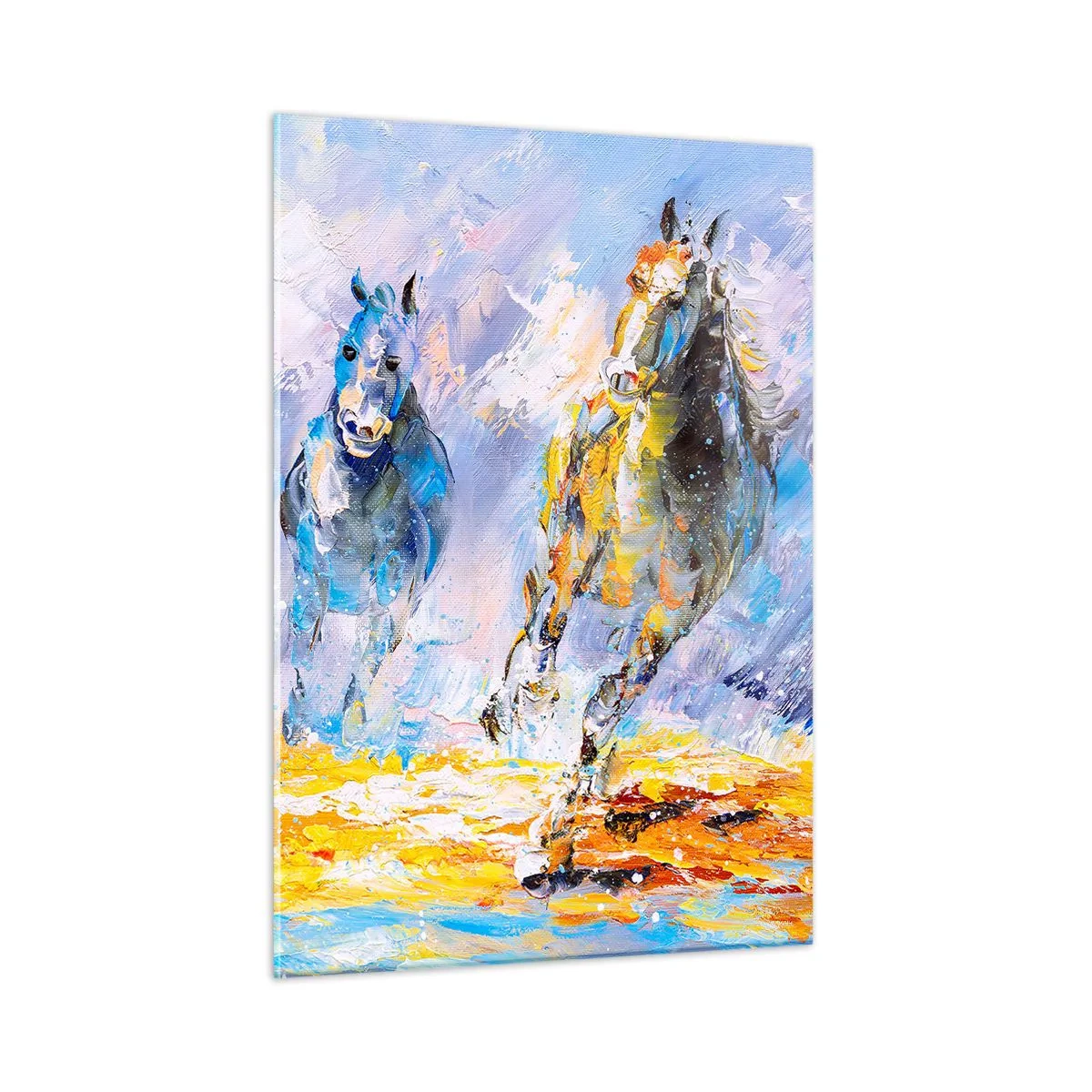 Obraz na szkle - Dwa konie galopujące po wodzie w artystycznym stylu - 50x70cm - Galopem przez blask - Nowoczesna dekoracja ścienna do salonu, kuchni i sypialni ARTTOR