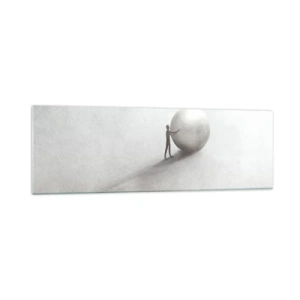 Obraz na szkle - Minimalistyczna postać z kulą na jasnym, monochromatycznym tle - 160x50cm - Gra życia - Nowoczesna dekoracja ścienna do salonu i sypialni ARTTOR