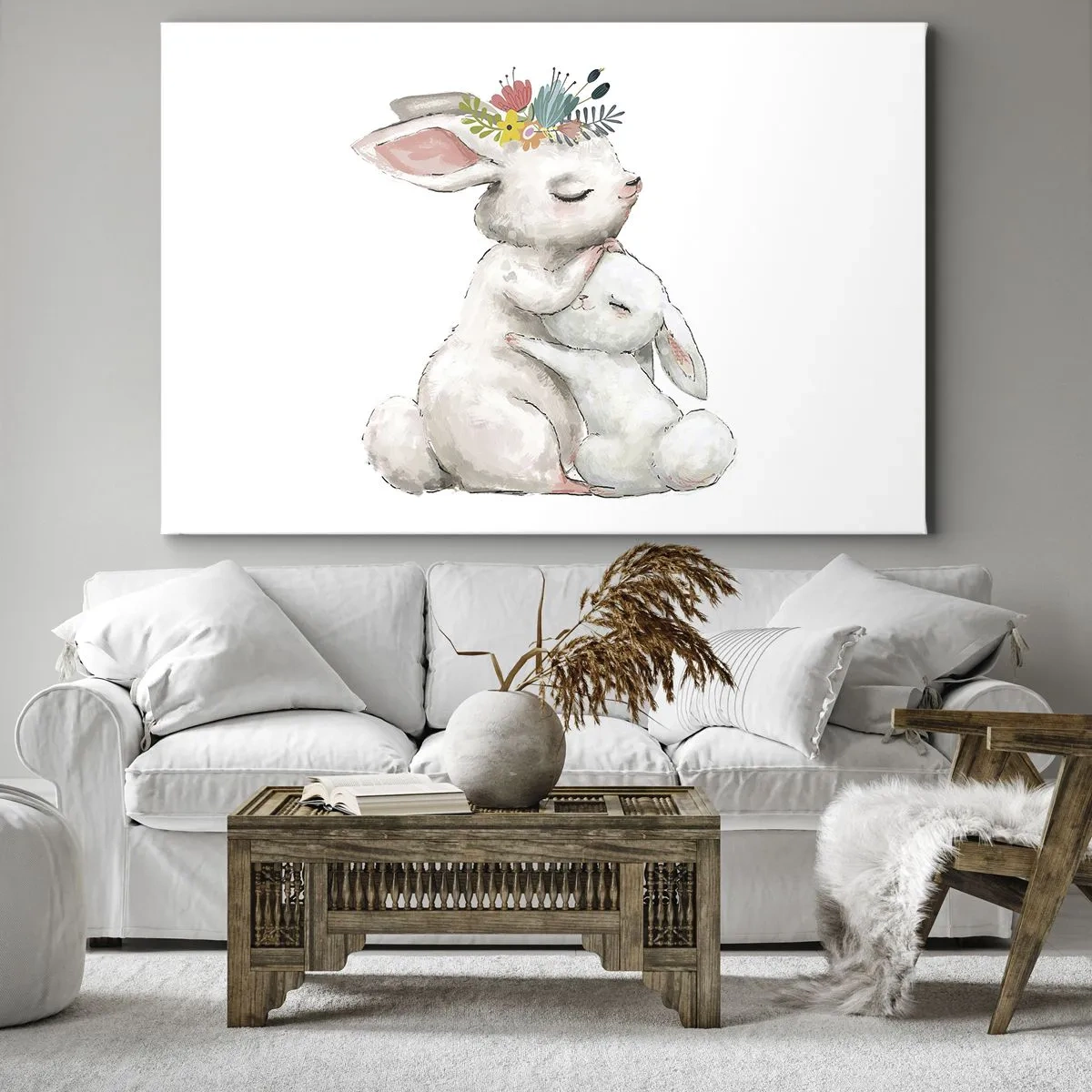 Obraz na płótnie - Urocze króliki w pastelowych barwach - 70x50cm - Nie ma jak u mamy - Nowoczesna dekoracja ścienna do salonu i sypialni ARTTOR