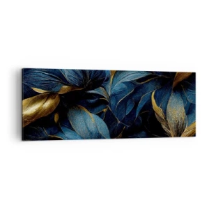 Obraz na płótnie - Eleganckie liście w złotych i granatowych odcieniach - 140x50cm - Złotem podszyte - Nowoczesna dekoracja ścienna do salonu i sypialni ARTTOR