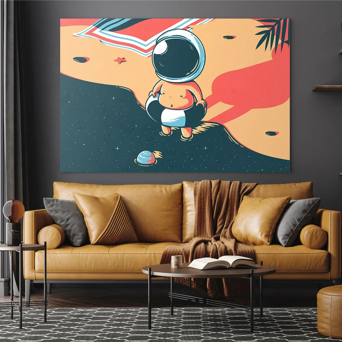 Obraz na szkle - Postać astronauty na plaży z kosmicznym krajobrazem - 70x50cm - Z innej perspektywy - Nowoczesna dekoracja ścienna do salonu i sypialni ARTTOR