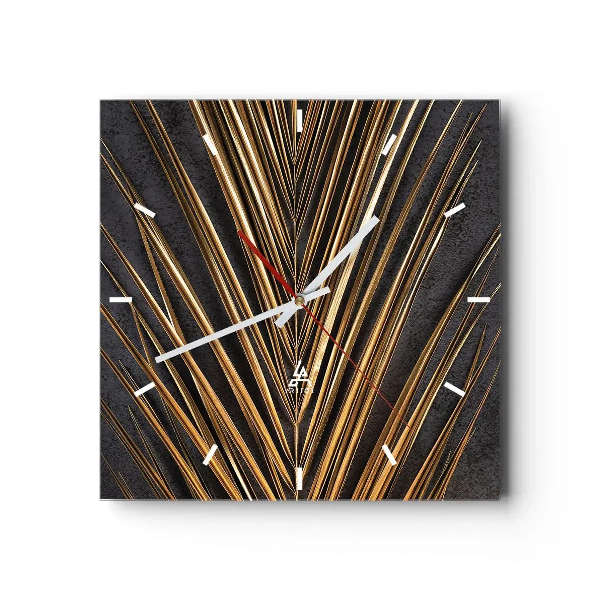 Zegar ścienny - Złoty liść tropikalny na czarnym tle - 30x30cm - Złoto tropików - Nowoczesna dekoracja ścienna do salonu i sypialni ARTTOR