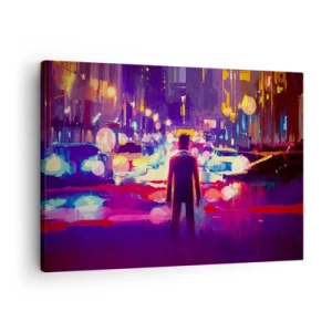 Obraz na płótnie - Mężczyzna w neonowej scenerii miejskiej nocy - 70x50cm - Zanurzony w świetle - Nowoczesna dekoracja ścienna do salonu i sypialni ARTTOR