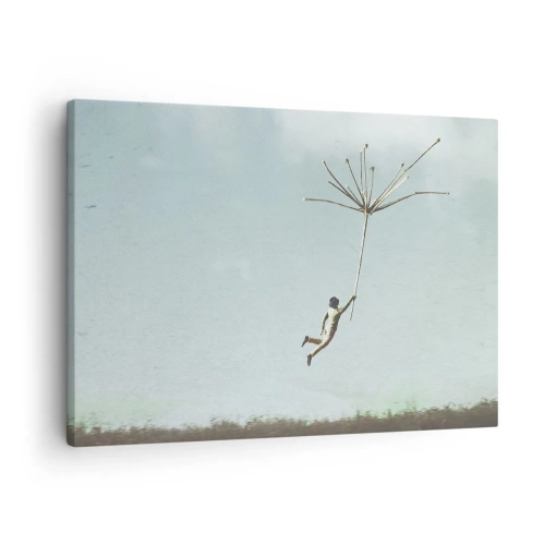 Obraz na płótnie - Latawce, dmuchawce, wiatr - Postać unoszona przez duży nasion dmuchawca - 70x50cm