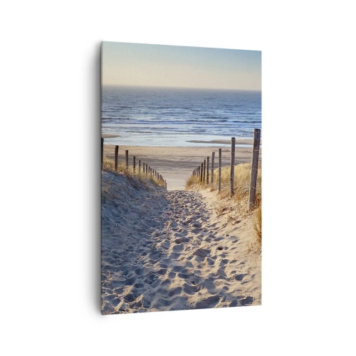 Obraz na płótnie - Ścieżka przez wydmy prowadząca na plażę - 80x120cm - Morza szum, ptaków śpiew, dzika plaża pośród traw… - Nowoczesna dekoracja ścienna do salonu i sypialni ARTTOR
