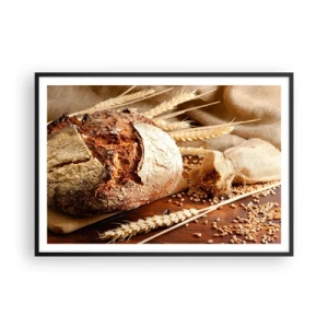Plakat w czarnej ramie - Chrupiący chleb z ziarnami i kłosami pszenicy na drewnianym tle - 100x70cm - Apetyczny, wonny, chrupiący - Nowoczesna dekoracja ścienna do salonu i sypialni ARTTOR