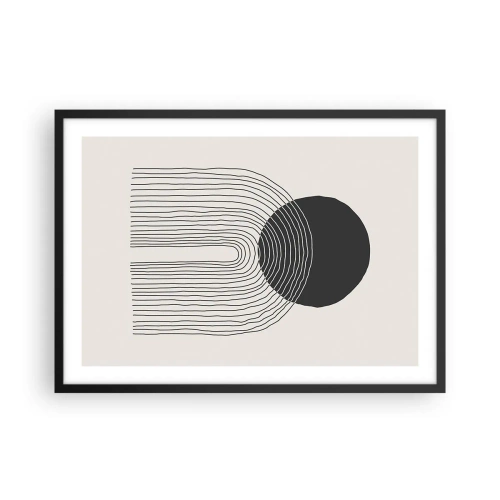 Plakat w czarnej ramie - Abstrakcyjny wzór z liniami i czarnym kołem na jasnym tle - 70x50cm - Drżenie i pewność - Nowoczesna dekoracja ścienna do salonu i sypialni ARTTOR