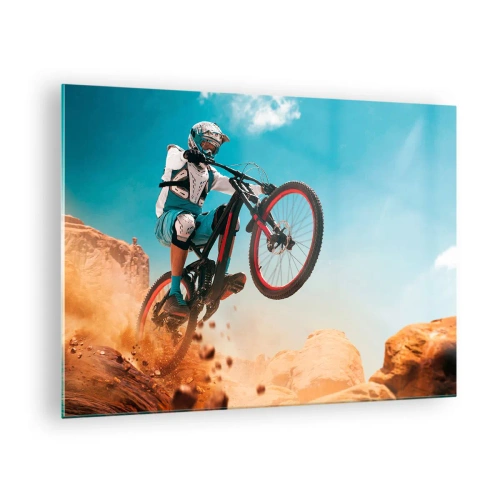 Obraz na szkle - Dynamiczna scena rowerzysty w akcji na skalistym terenie - 70x50cm - Rowerowy demon szaleństwa - Nowoczesna dekoracja ścienna do salonu i sypialni ARTTOR
