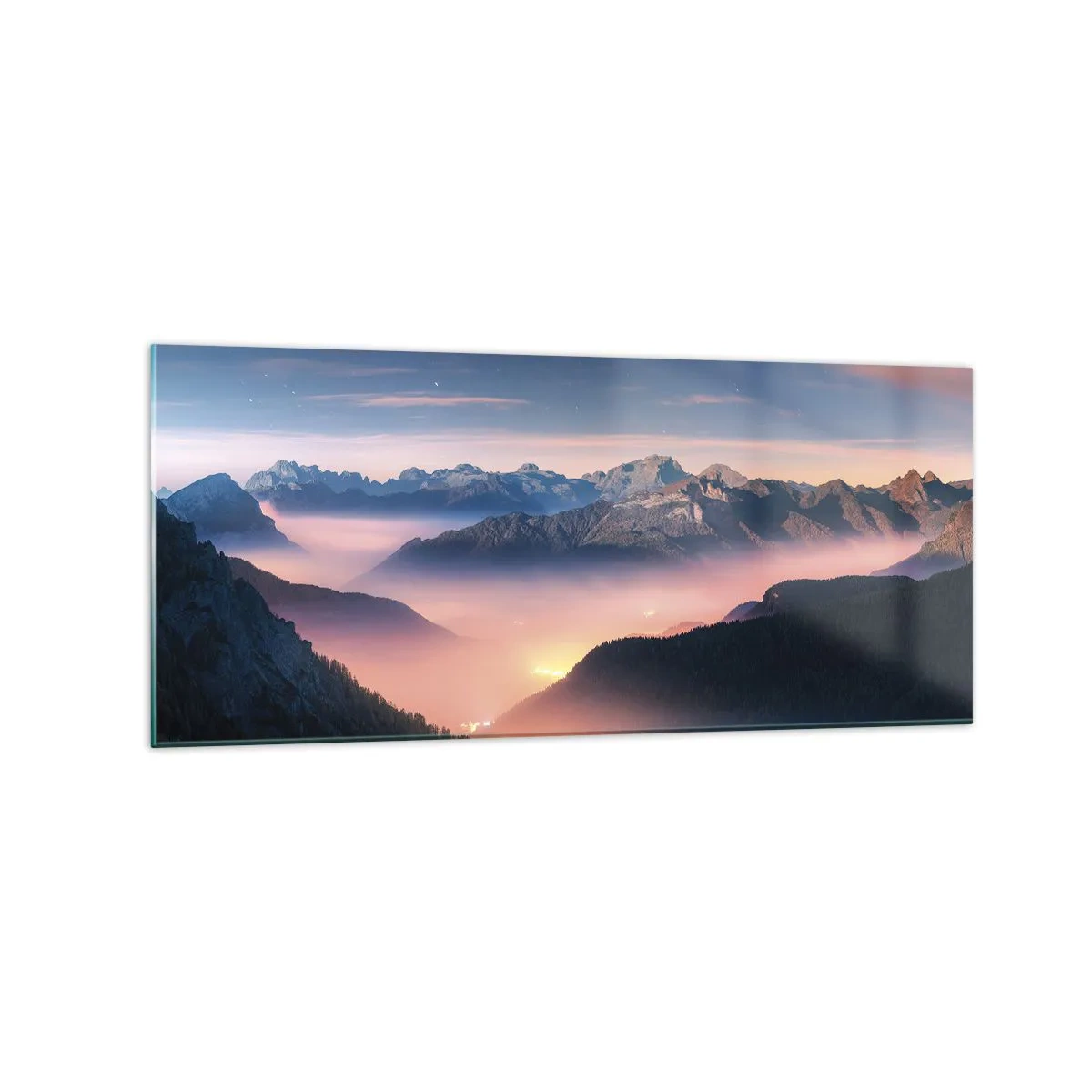 Obraz na szkle - Górski krajobraz z doliną wypełnioną mgłą - 120x50cm - Światło w dolinach - Nowoczesna dekoracja ścienna do salonu i sypialni ARTTOR