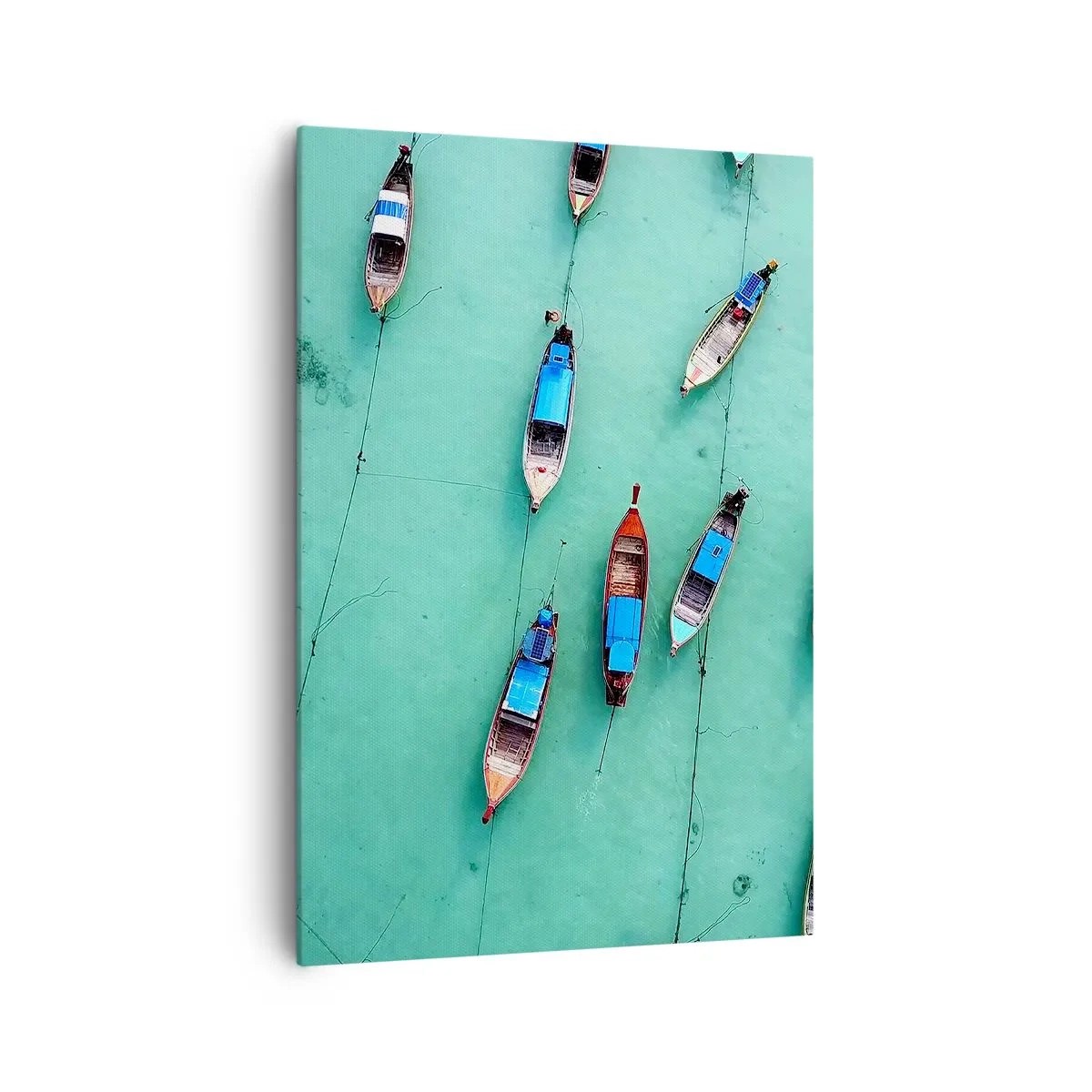 Obraz na płótnie - Łodzie na turkusowej wodzie w widoku z lotu ptaka - 70x100cm - W radosnym oczekiwaniu - Nowoczesna dekoracja ścienna do salonu i sypialni ARTTOR