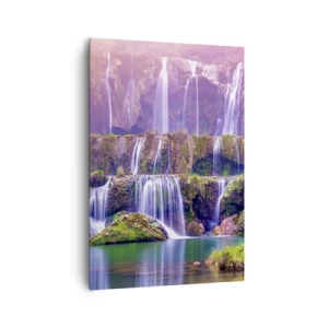 Obraz na płótnie - Wodospady otoczone zielenią z pastelowym oświetleniem - 70x100cm - Schody do nieba - Nowoczesna dekoracja ścienna do salonu i sypialni ARTTOR