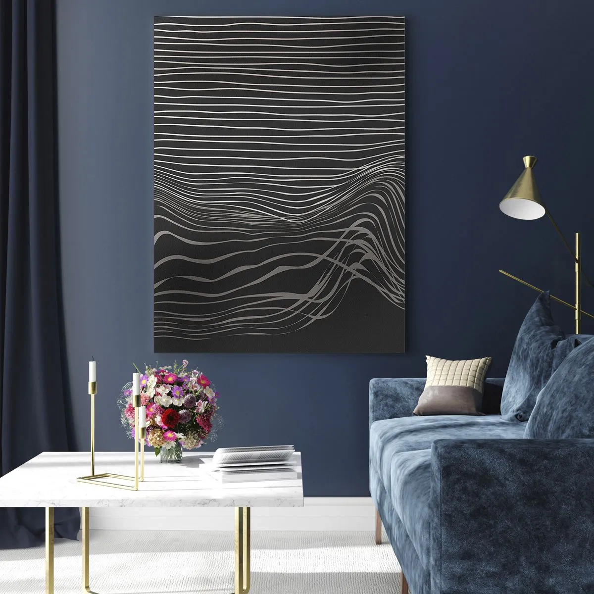 Obraz na szkle - Delikatne linie w abstrakcyjnym układzie na ciemnym tle - 50x70cm - Rytm i akcent - Nowoczesna dekoracja ścienna do salonu, kuchni i sypialni ARTTOR