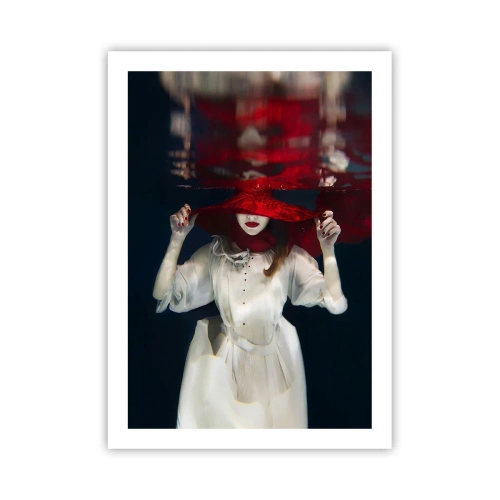 Plakat - Kobieta w czerwonym kapeluszu zanurzona pod wodą - 50x70cm - Dziwożona - Nowoczesna dekoracja ścienna do salonu, kuchni i sypialni ARTTOR