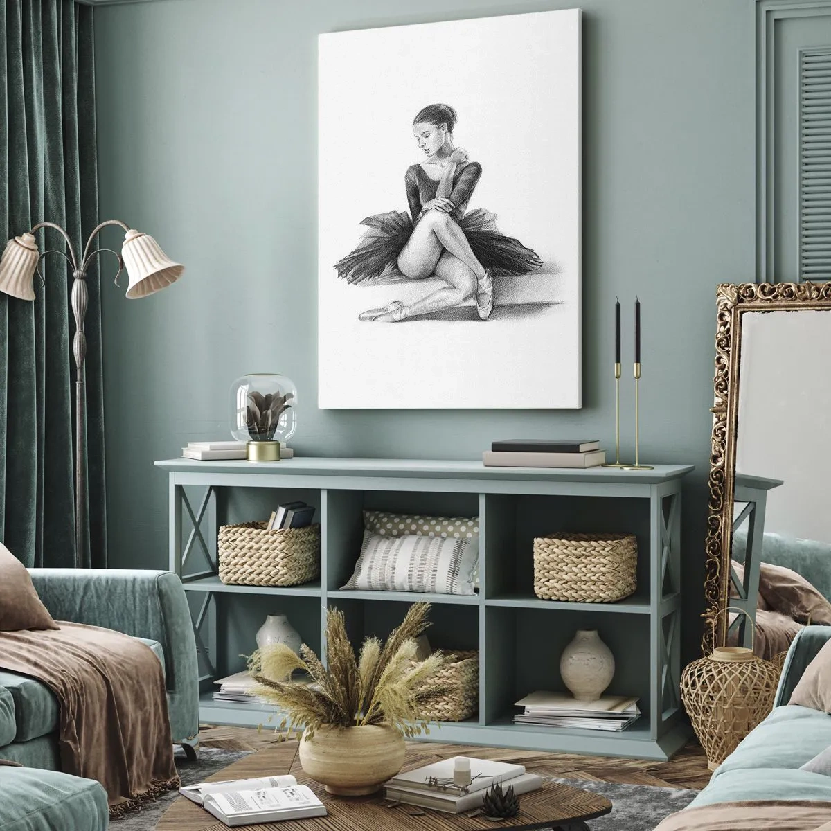 Obraz na płótnie - Czarno-biały szkic baletnicy siedzącej w pozie zadumy - 50x70cm - Zaczarowana tańcem - Nowoczesna dekoracja ścienna do salonu, kuchni i sypialni ARTTOR