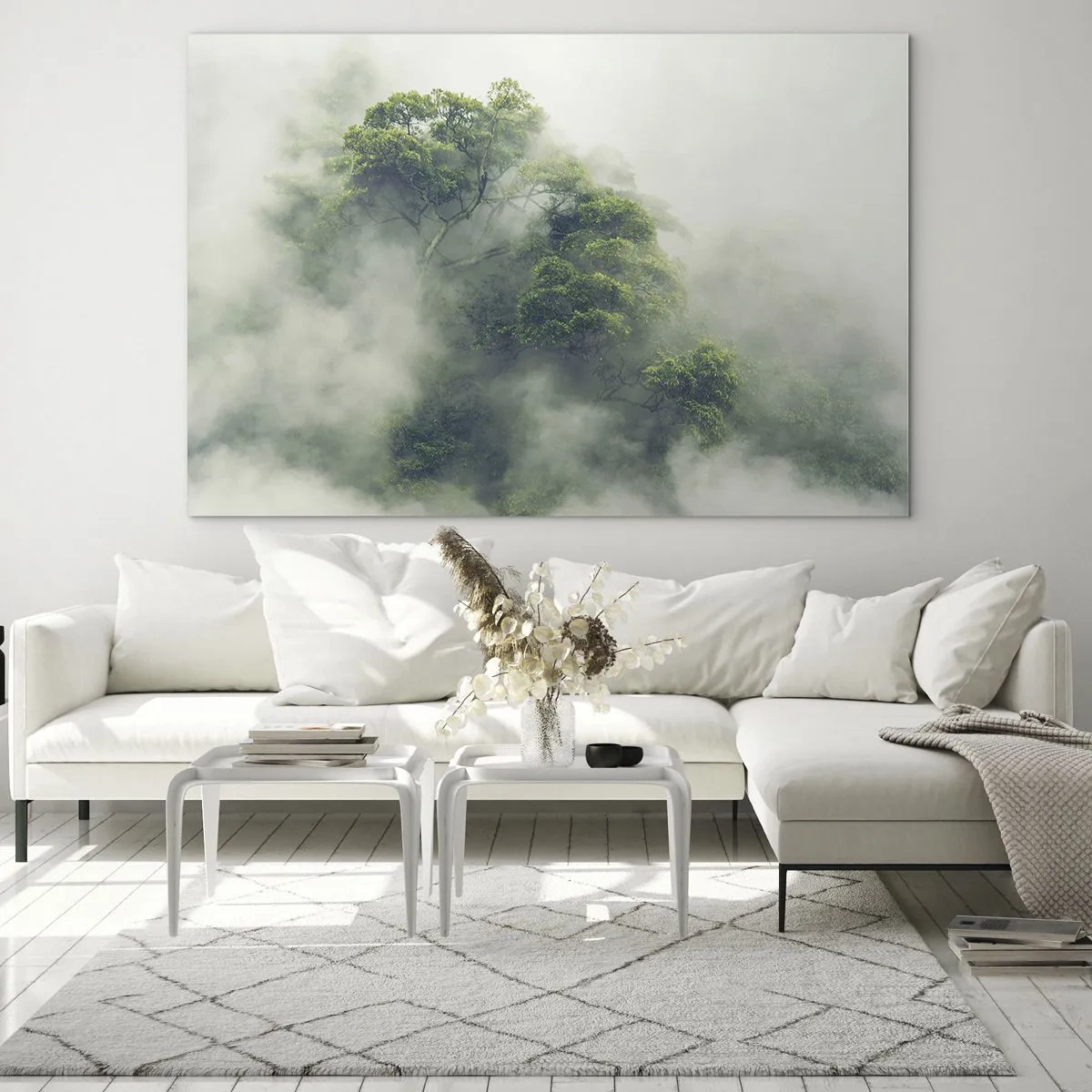Obraz na szkle - Drzewa tropikalnego lasu wyłaniające się z gęstej mgły - 70x50cm - Otulone mgłą - Nowoczesna dekoracja ścienna do salonu i sypialni ARTTOR