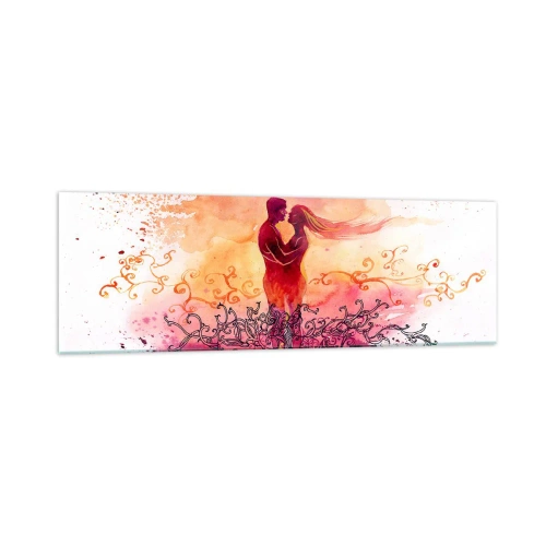 Obraz na szkle - Para w objęciach na tle abstrakcyjnego różowo-pomarańczowego wzoru - 160x50cm - Jednego serca! Tak mało mi trzeba… - Nowoczesna dekoracja ścienna do salonu i sypialni ARTTOR