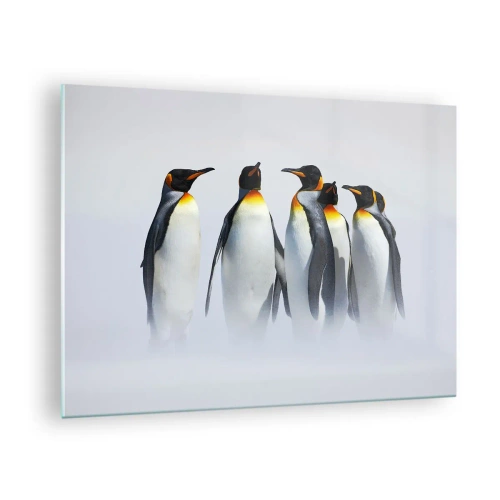 Obraz na szkle - Grupa pingwinów w zimowej scenerii - 70x50cm - Spotkanie w wieczorowych strojach - Nowoczesna dekoracja ścienna do salonu i sypialni ARTTOR