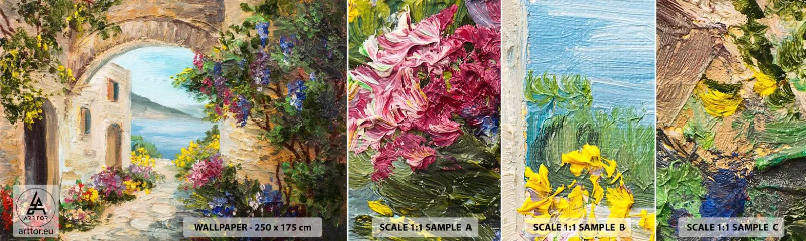 Fototapeta Próbka Samoprzylepna Deluxe Sticker - Urok nadmorskiej prowincji - Architektura, Grecja, Kwiaty - 100x30 cm