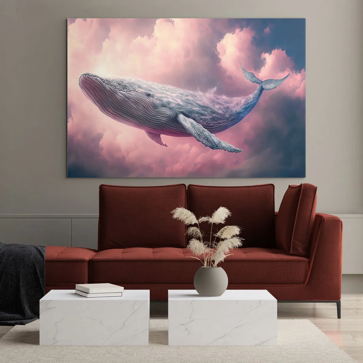 Obraz na szkle - Wieloryb unoszący się w chmurach o różowej poświacie - 70x50cm - Przetrzyj oczy - Nowoczesna dekoracja ścienna do salonu i sypialni ARTTOR