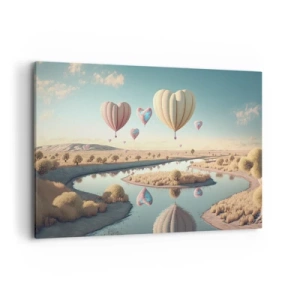 Obraz na płótnie - Balony w kształcie serc unoszące się nad krajobrazem - 100x70cm - Miłość pozwala wznieść się - Nowoczesna dekoracja ścienna do salonu, kuchni i sypialni ARTTOR