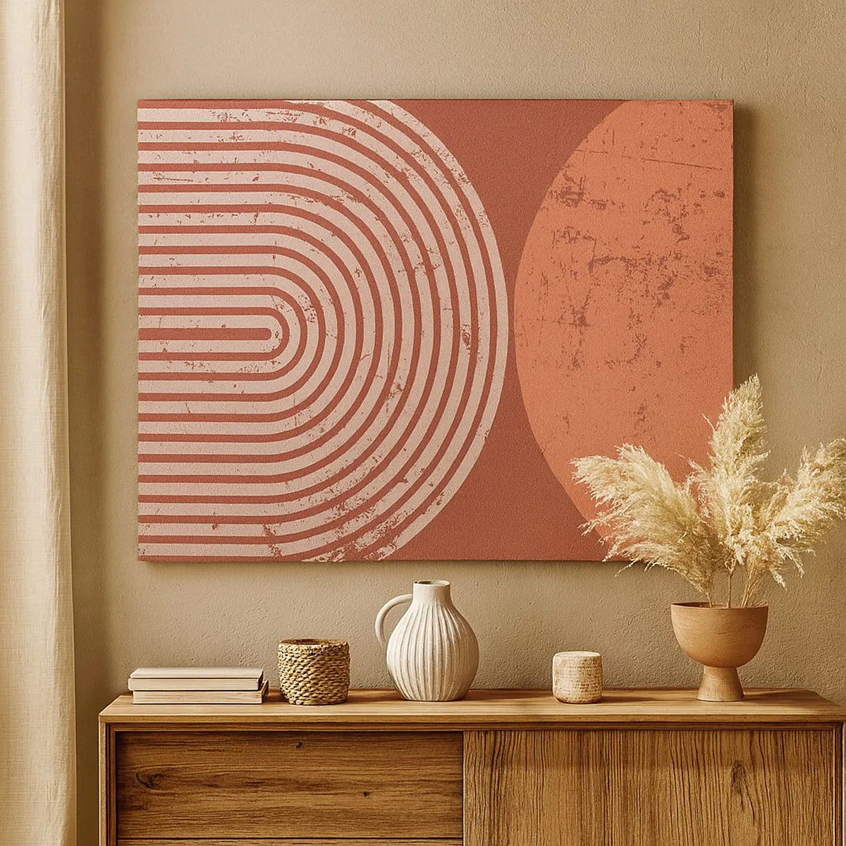 Obraz na płótnie - Geometryczne wzory w odcieniach terrakoty na vintage tle - 70x50cm - Bliska relacja - Nowoczesna dekoracja ścienna do salonu i sypialni ARTTOR