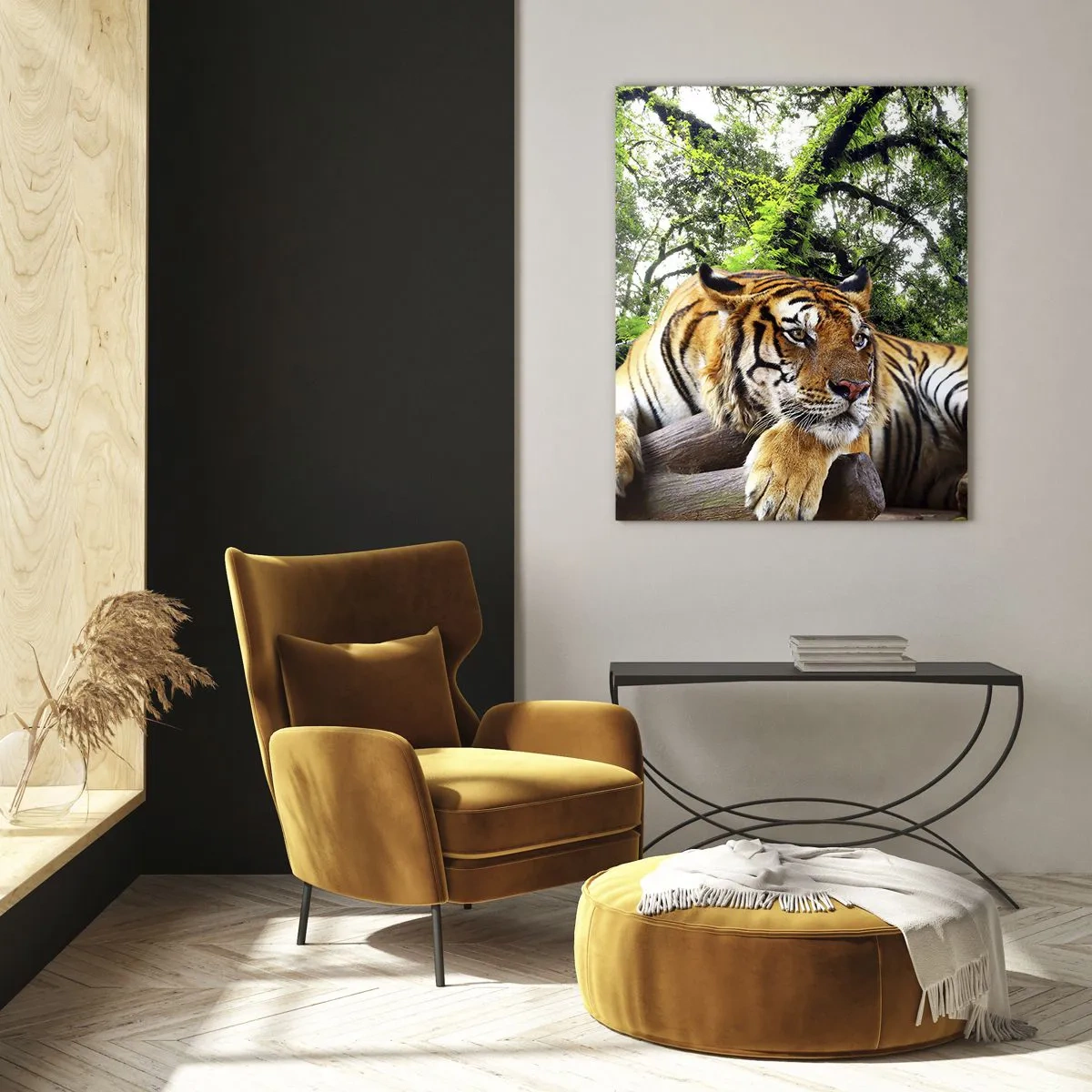 Obraz na szkle - Tygrys odpoczywający w zielonym tropikalnym lesie - 50x70cm - Z wyrazami szacunku - Nowoczesna dekoracja ścienna do salonu, kuchni i sypialni ARTTOR