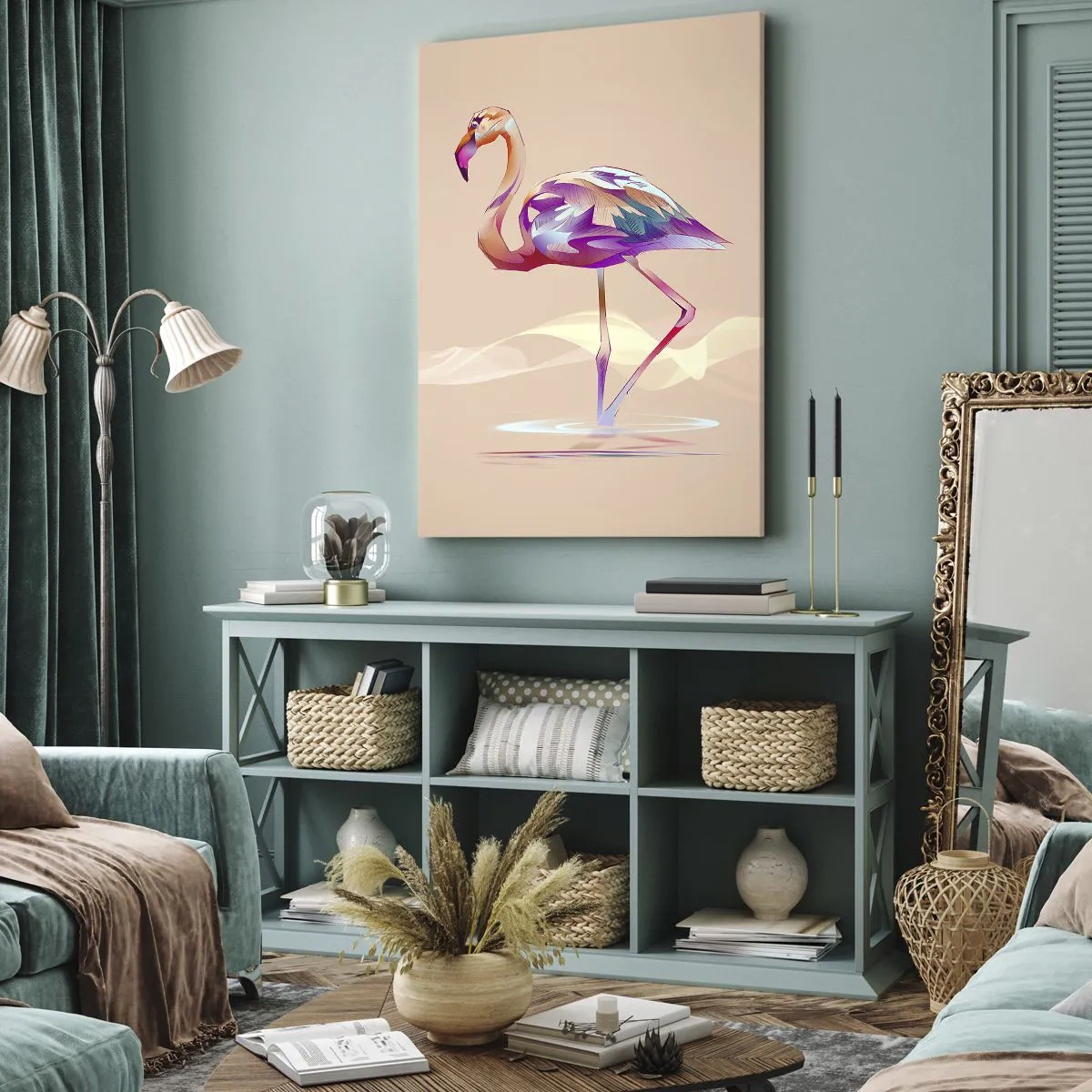 Obraz na płótnie - Kolorowa ilustracja flaminga stojącego w wodzie na beżowym tle - 50x70cm - Ptak dobrych emocji - Nowoczesna dekoracja ścienna do salonu, kuchni i sypialni ARTTOR