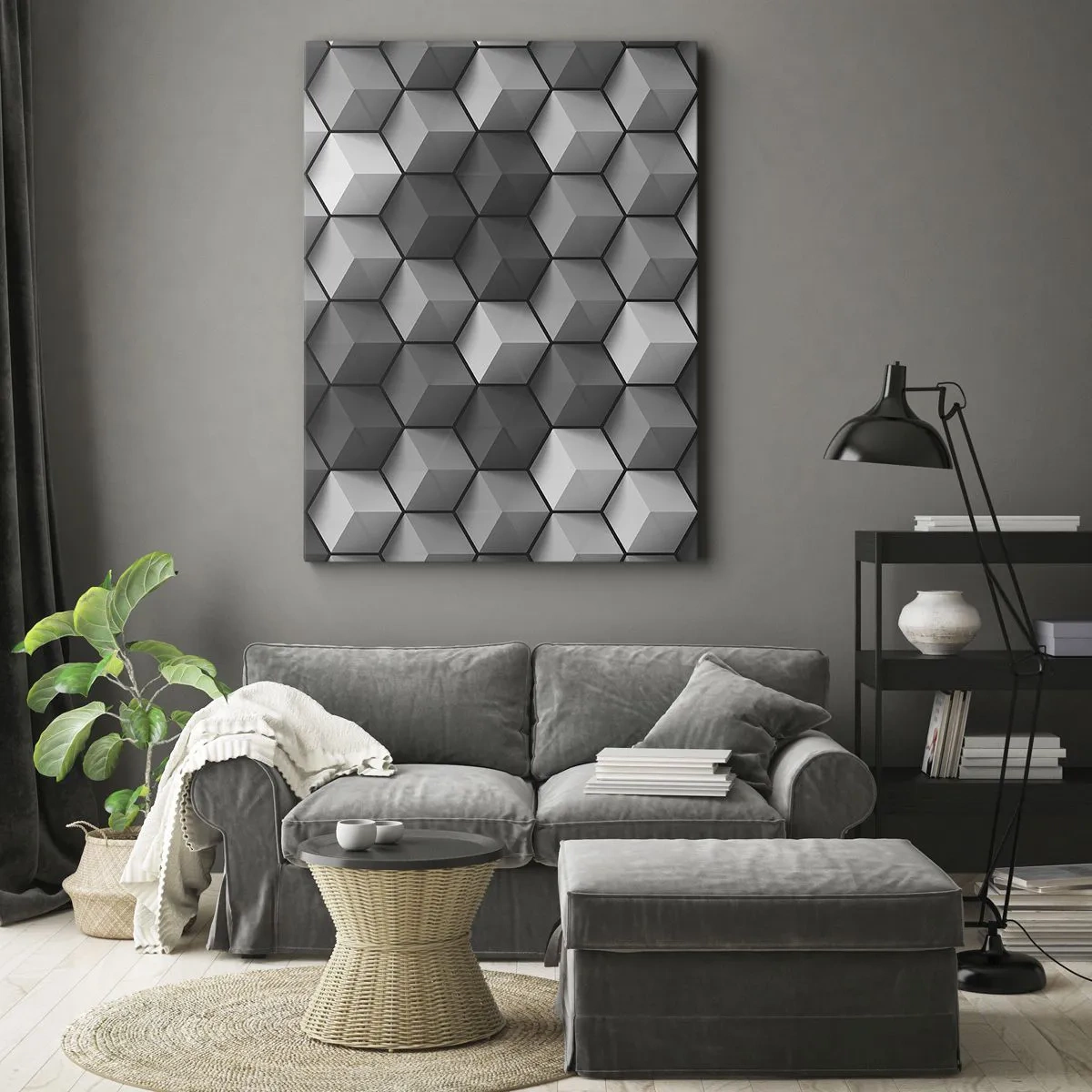 Obraz na płótnie - Czarno-biała geometryczna kompozycja sześcianów 3D - 50x70cm - Kubistyczna układanka - Nowoczesna dekoracja ścienna do salonu, kuchni i sypialni ARTTOR