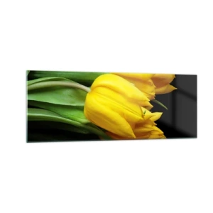Obraz na szkle - Bukiet żółtych tulipanów na czarnym tle - 140x50cm - Powstały z czystego słońca - Nowoczesna dekoracja ścienna do salonu i sypialni ARTTOR