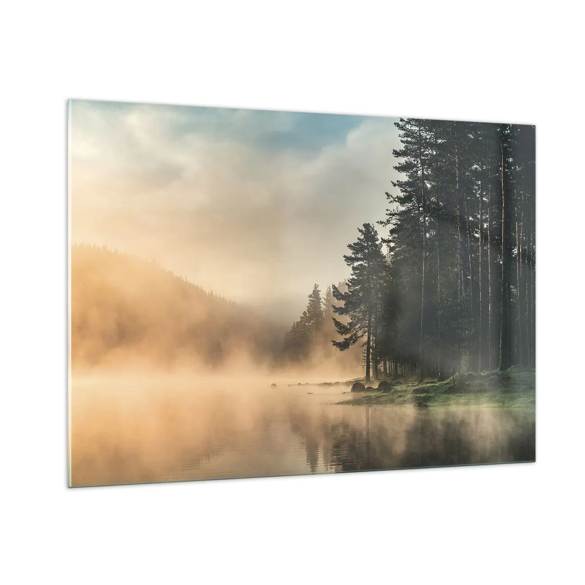 Obraz na szkle - Mglisty poranek nad leśnym jeziorem - 100x70cm - Narodziny dnia - Nowoczesna dekoracja ścienna do salonu, kuchni i sypialni ARTTOR