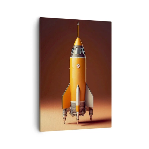 Obraz na płótnie - Stylizowana rakieta w odcieniach pomarańczu i złota na tle retro - 50x70cm - Zaczyna się od marzenia - Nowoczesna dekoracja ścienna do salonu, kuchni i sypialni ARTTOR